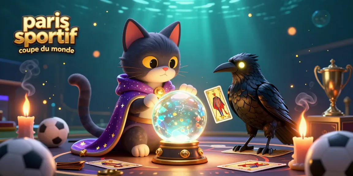 Pariez sur la coupe du monde avec un chat mystique et des éléments sportifs animés.