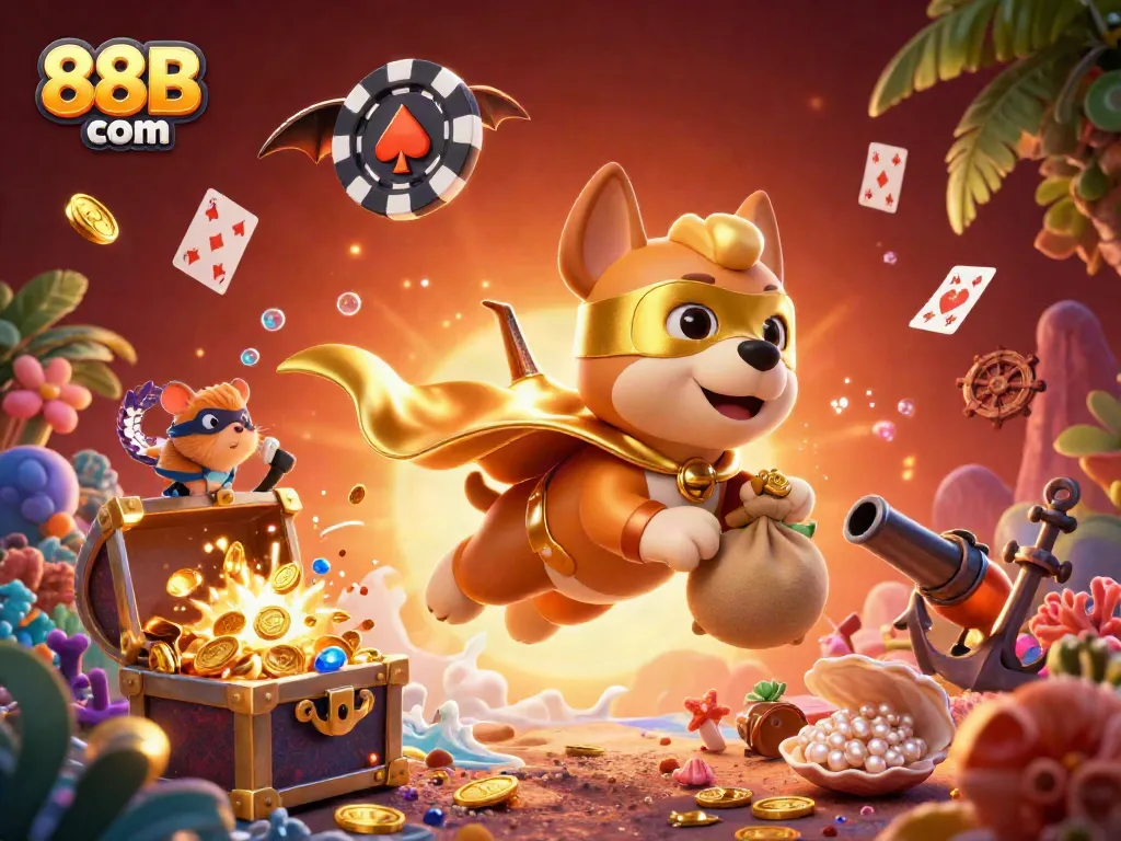 Join the adventure with 88B com as the dog superhero claims treasures in this vibrant casino-themed scene.