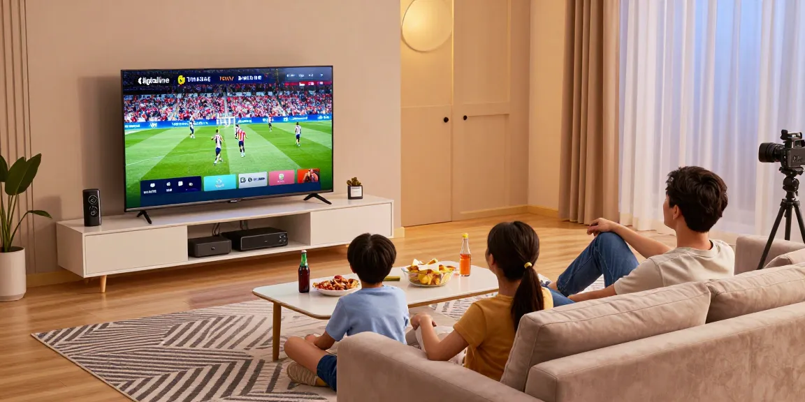 Family enjoying a movie night with digitaline iptv subscription on a smart TV in a cozy living room.