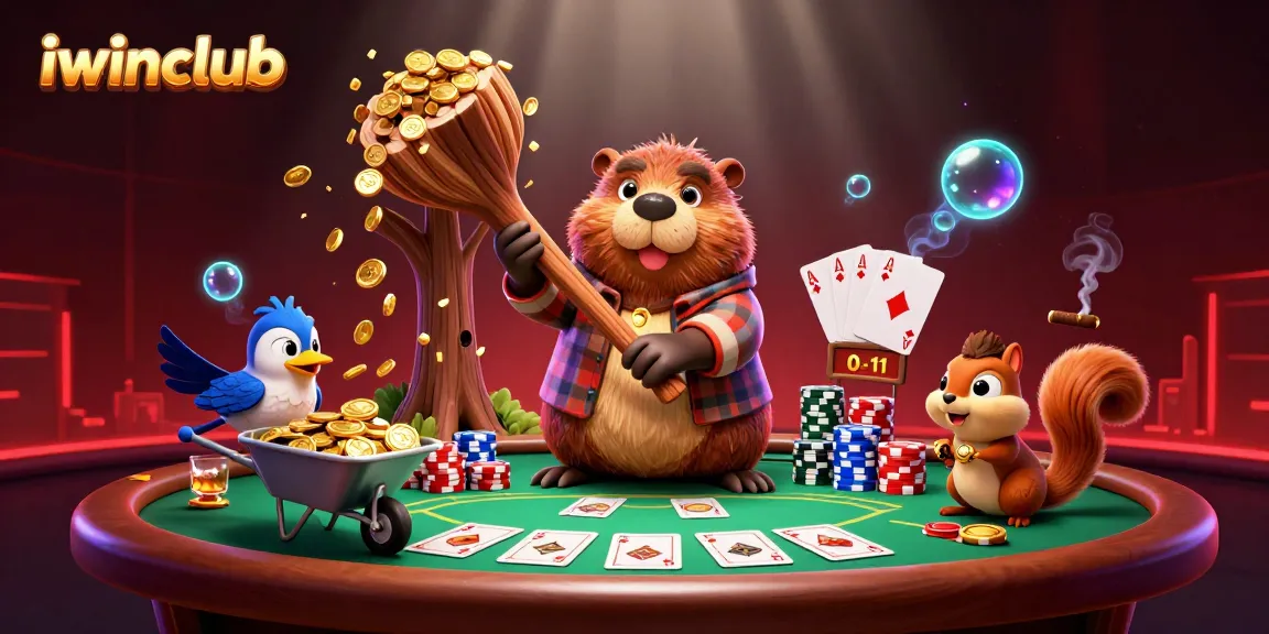 iwinclub's lively 3D cartoon scene with beaver and friends celebrating poker wins amidst golden coins.