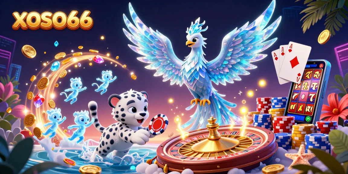 Xoso66 engages players with vibrant 3D illustration showcasing an ice phoenix surrounded by enchanting elements of online gambling.