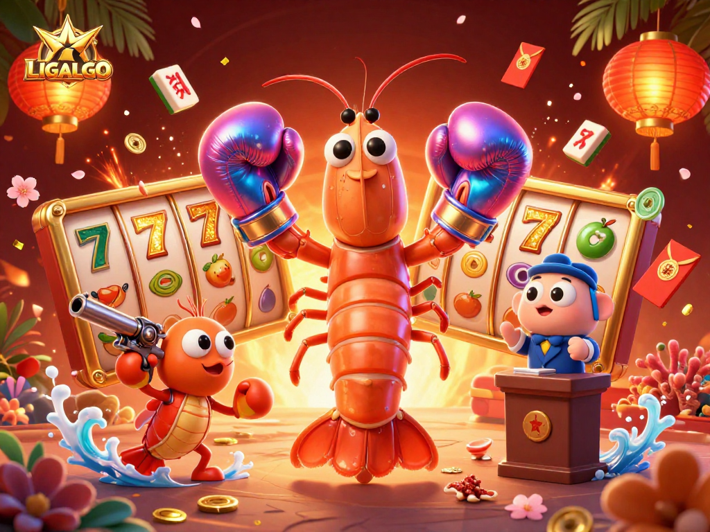 LIGALGO showcases an exciting gambling scene with vibrant slot reels and energetic characters in action