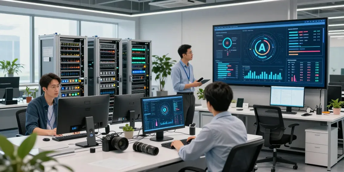 Engineers collaborating on AI token metrics in a modern infrastructure setting, showcasing the AI Token Economy.