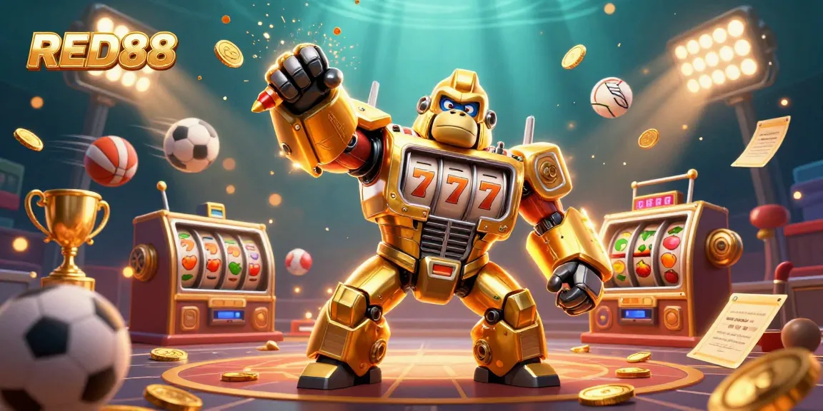 Experience thrilling action with RED88 in this vibrant 3D casino illustration featuring sports and slot elements