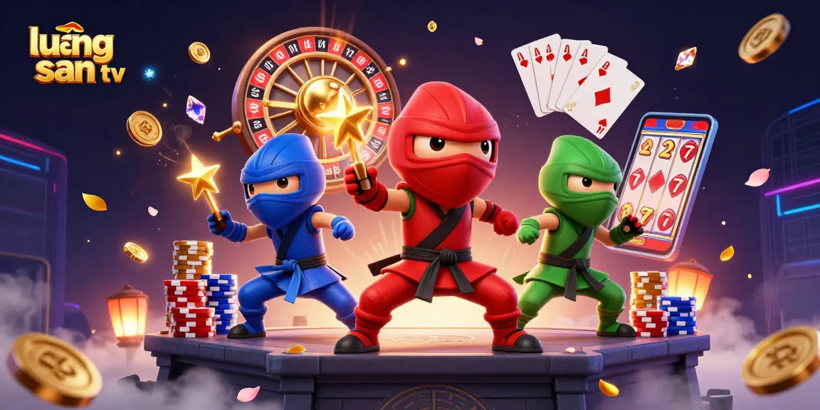 Lương Sơn TV showcases a dynamic scene with ninja chameleons, roulette wheels, and poker chips.