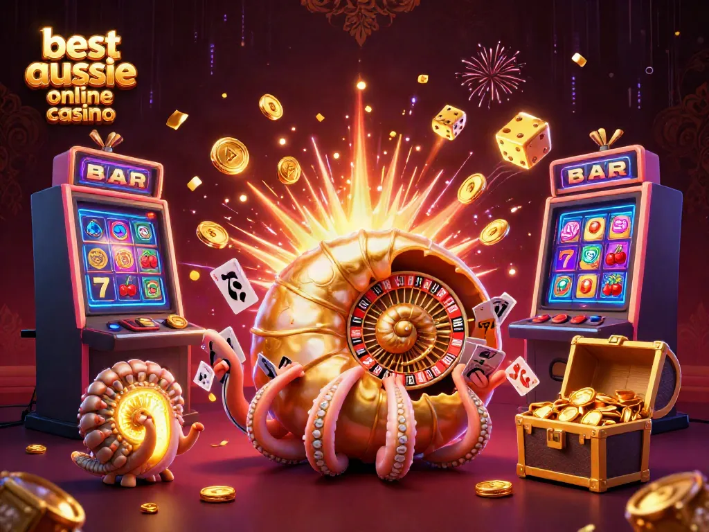 Experience the best Aussie online casino with an exciting 3D illustration of unique gaming elements.