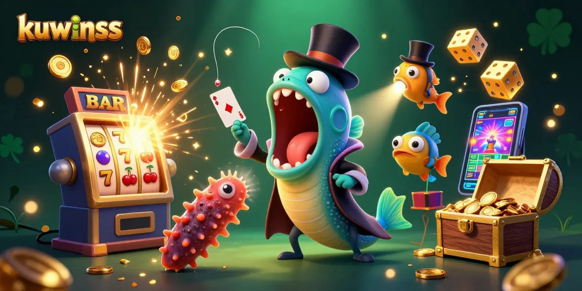 Kuwinss showcases a vibrant casino scene with animated sea creatures performing magic tricks amidst dynamic gaming elements.