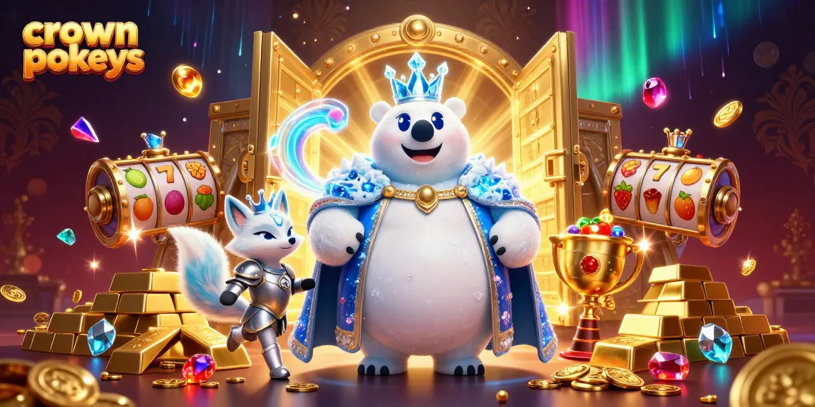 Experience thrilling crown pokies action with a majestic polar bear and snow fox in a rich casino setting.