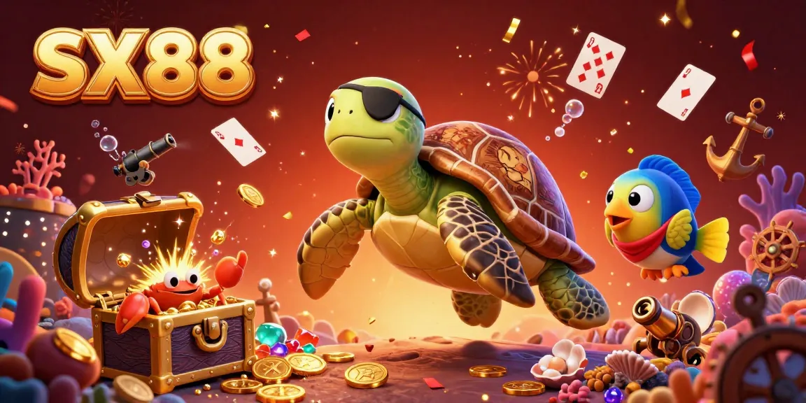 SX88 pirate turtle swimming amidst treasures, celebrating casino winnings and adventure.