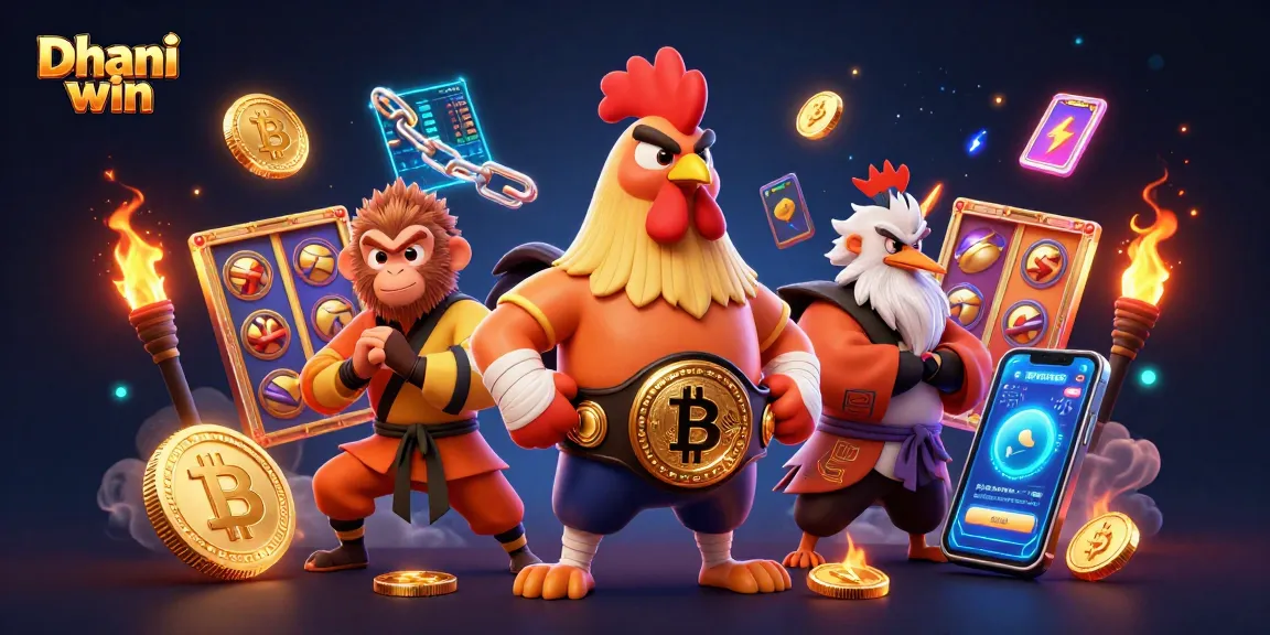 Dhani win offers exciting slot games and crypto elements, showcasing vibrant 3D characters.