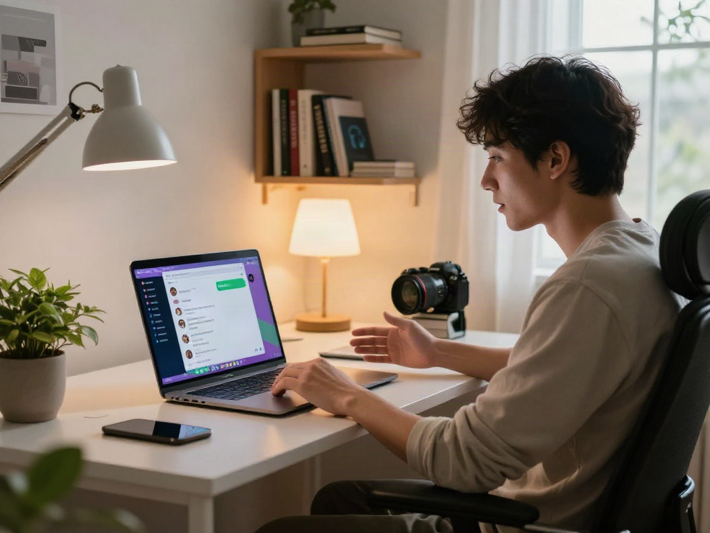 Engaged user interacting with an nsfw chat bot in a cozy home office.