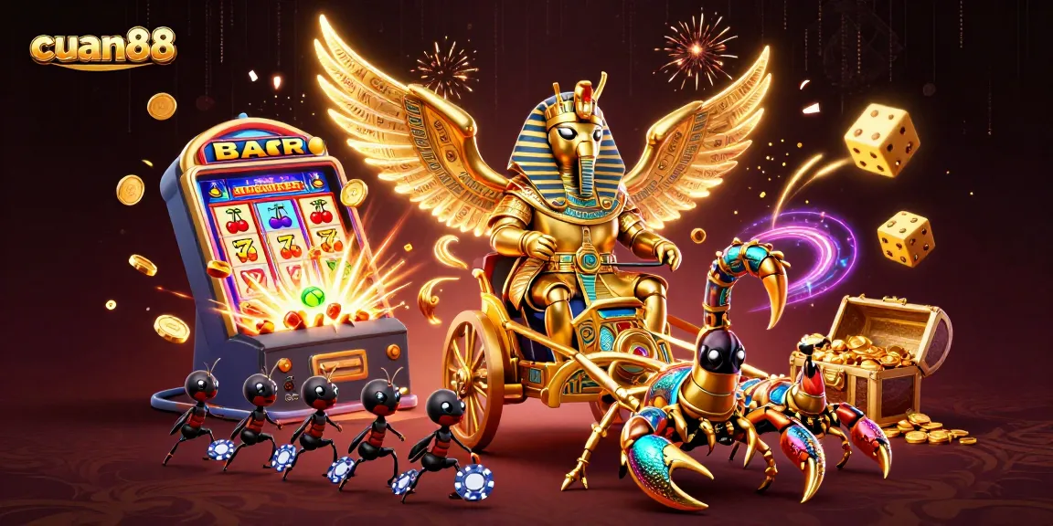 Gambarlah kemenangan cuan88 dengan ilustrasi kasino, termasuk jackpot dan simbol slot.