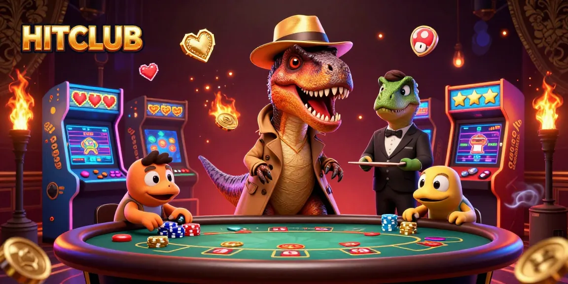 HITCLUB comes alive at the blackjack table with a velociraptor, stegosaurus, and compy in a vibrant casino scene.