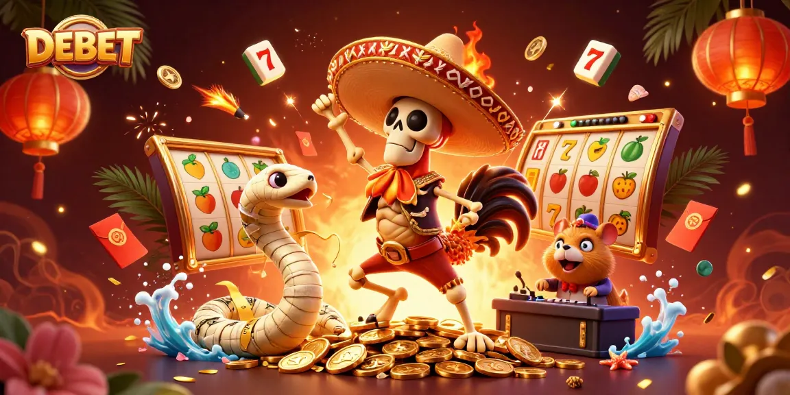 Spin to win with DEBET while enjoying a vibrant casino scene featuring exciting characters.