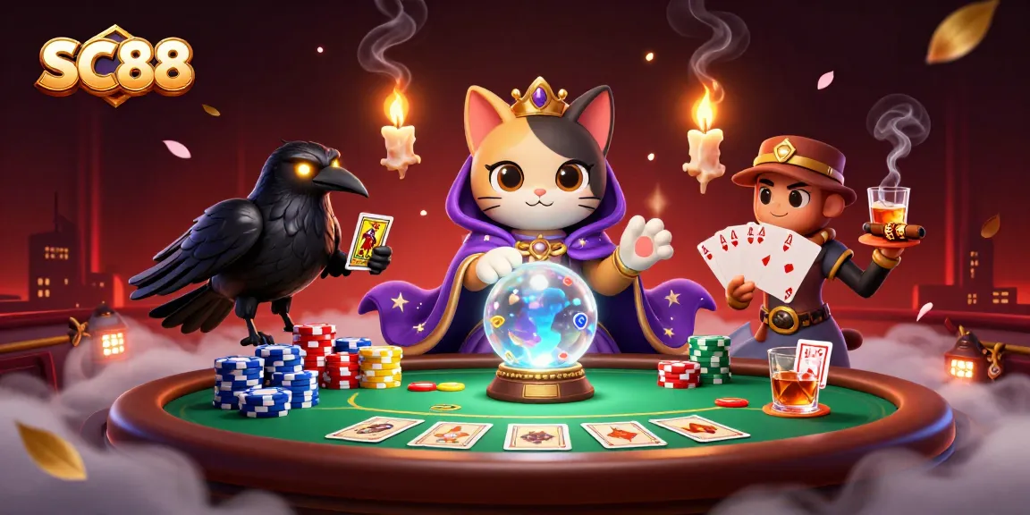 Unlock winnings at SC88 with a vibrant casino scene featuring fortune teller cats and poker elements.