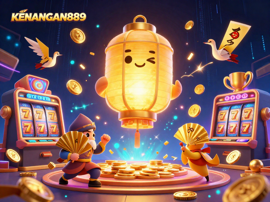 Experience fun and thrills with KENANGAN889 in this vibrant online casino scene featuring dynamic slot elements.