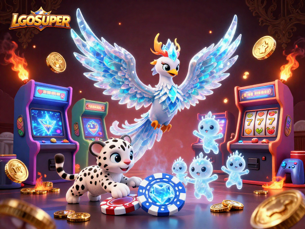 Experience the unique energy of LGOSUPER with an ice phoenix and vibrant gaming elements.
