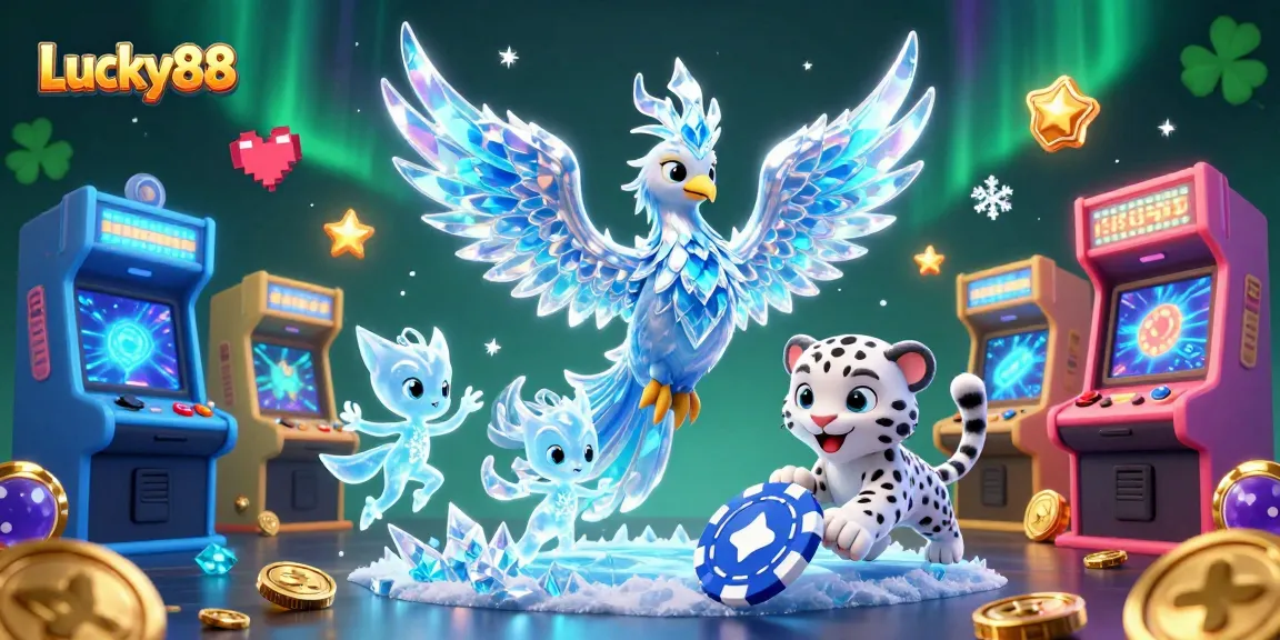 Experience the magical Lucky88 casino realm with a vibrant ice phoenix and playful characters amidst captivating gaming elements.