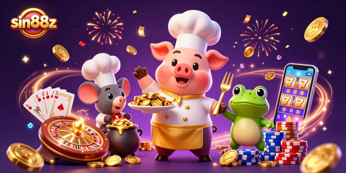 Experience sin88z with a vibrant scene of a chef pig serving golden coins in a casino setting.