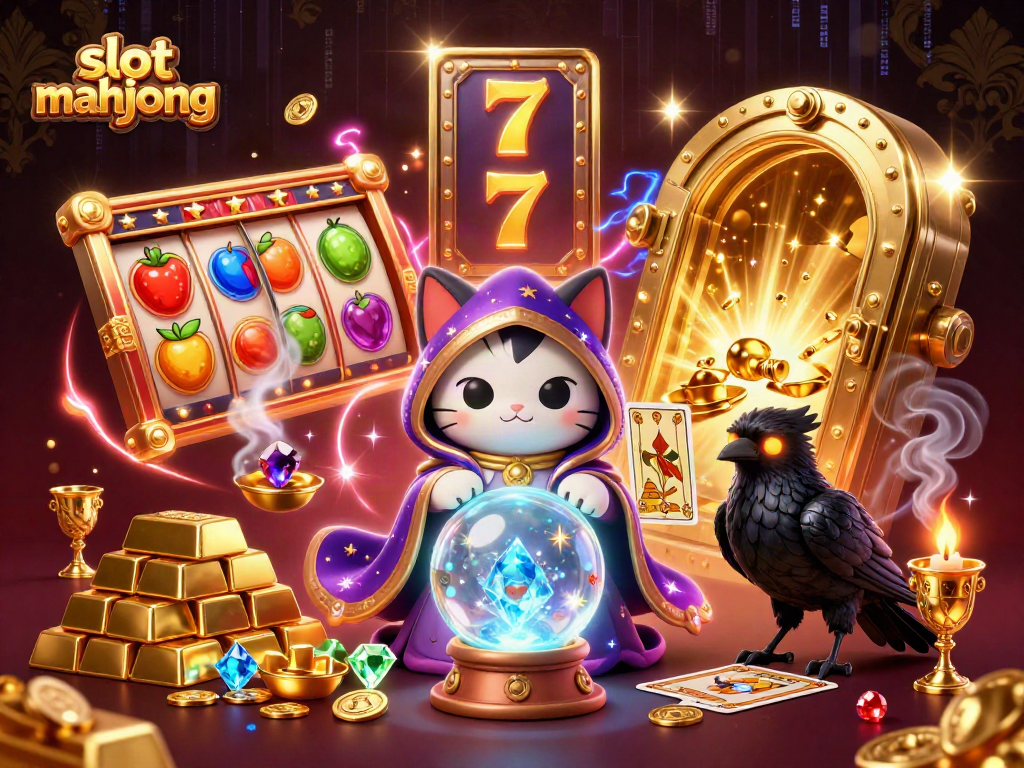 Experience slot mahjong excitement with a mystical cat, glowing raven, and treasure-filled background.