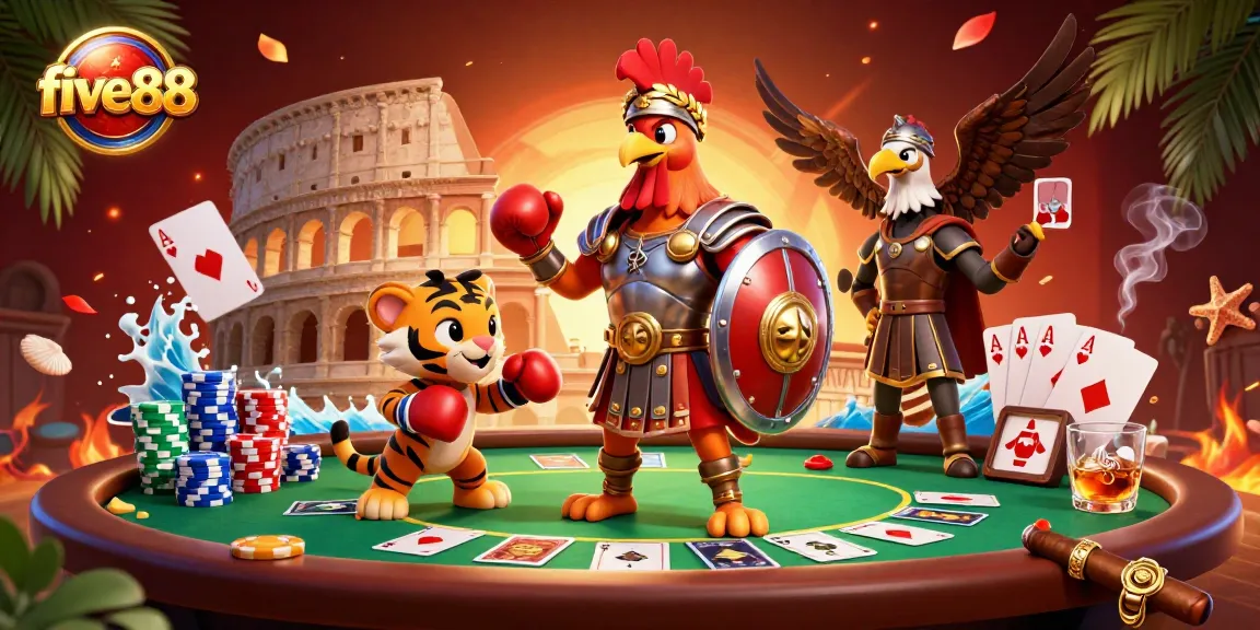 five88 shows a cartoon gladiator rooster in a vibrant poker scene, surrounded by colorful chips and cards.