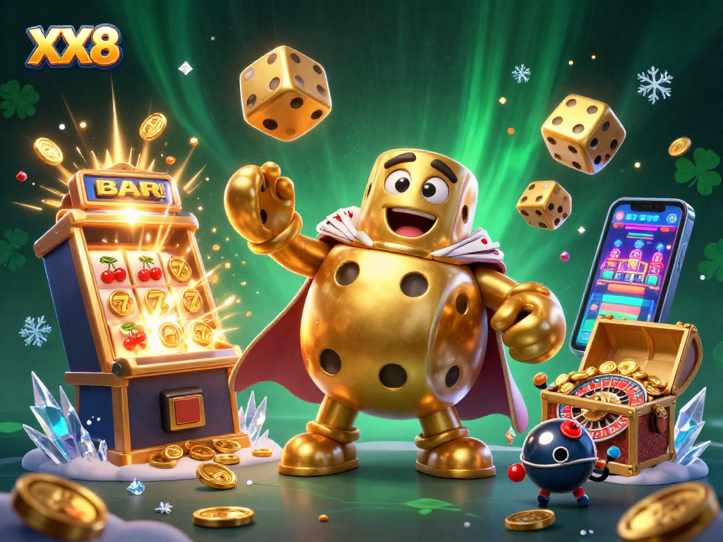 Experience thrilling gameplay at XX8 with a vibrant 3D casino illustration showcasing jackpots and excitement.