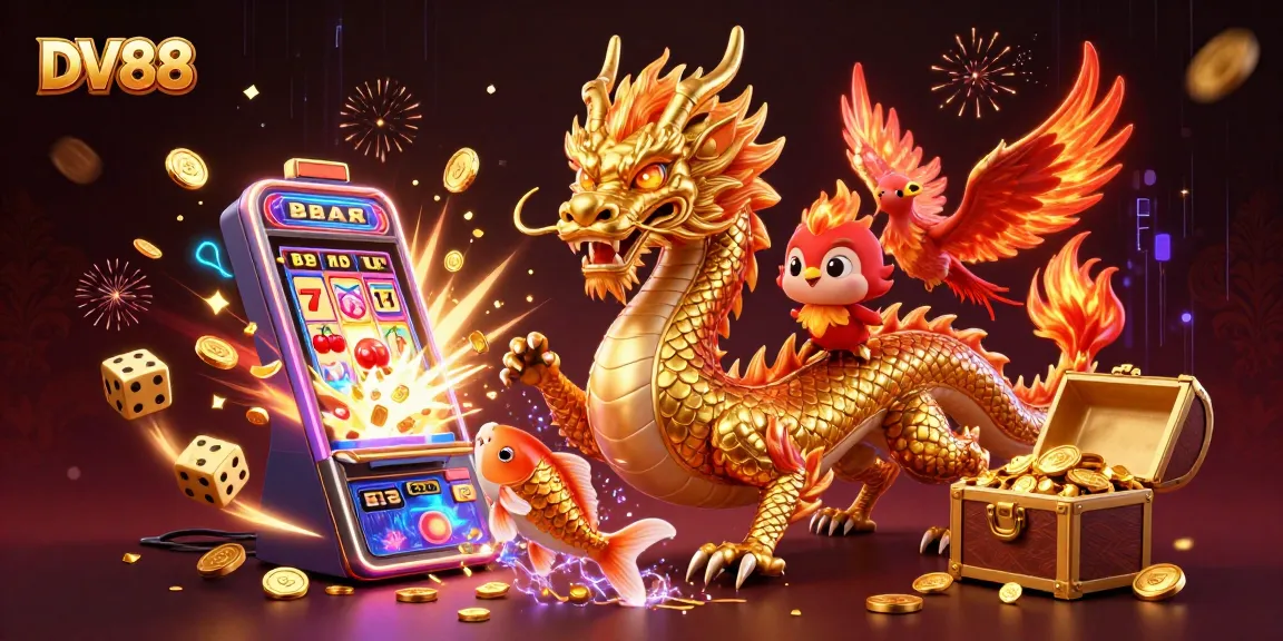 DV88 showcases an exhilarating online casino experience with a golden dragon, phoenix, and koi fish amidst vibrant gaming elements.