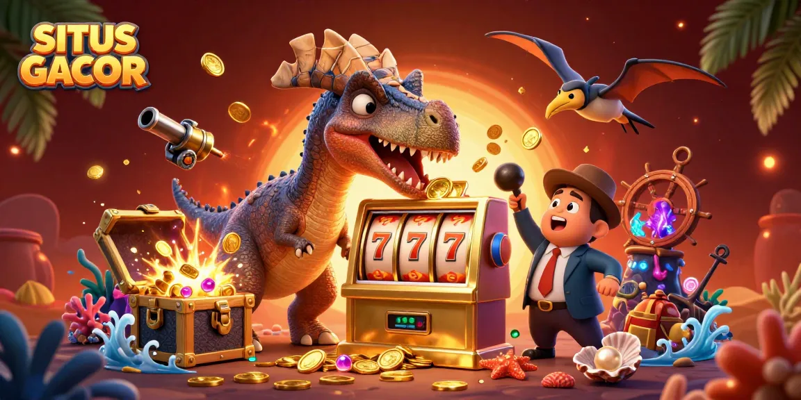 SITUS GACOR showcases an engaging 3D scene with vivid characters and slot elements, capturing the thrill of online gambling.