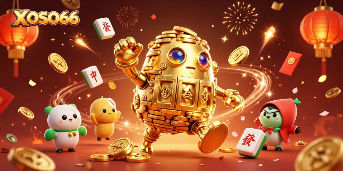 XOSO66 showcases a vibrant gambling scene with a golden golem and dynamic casino elements.