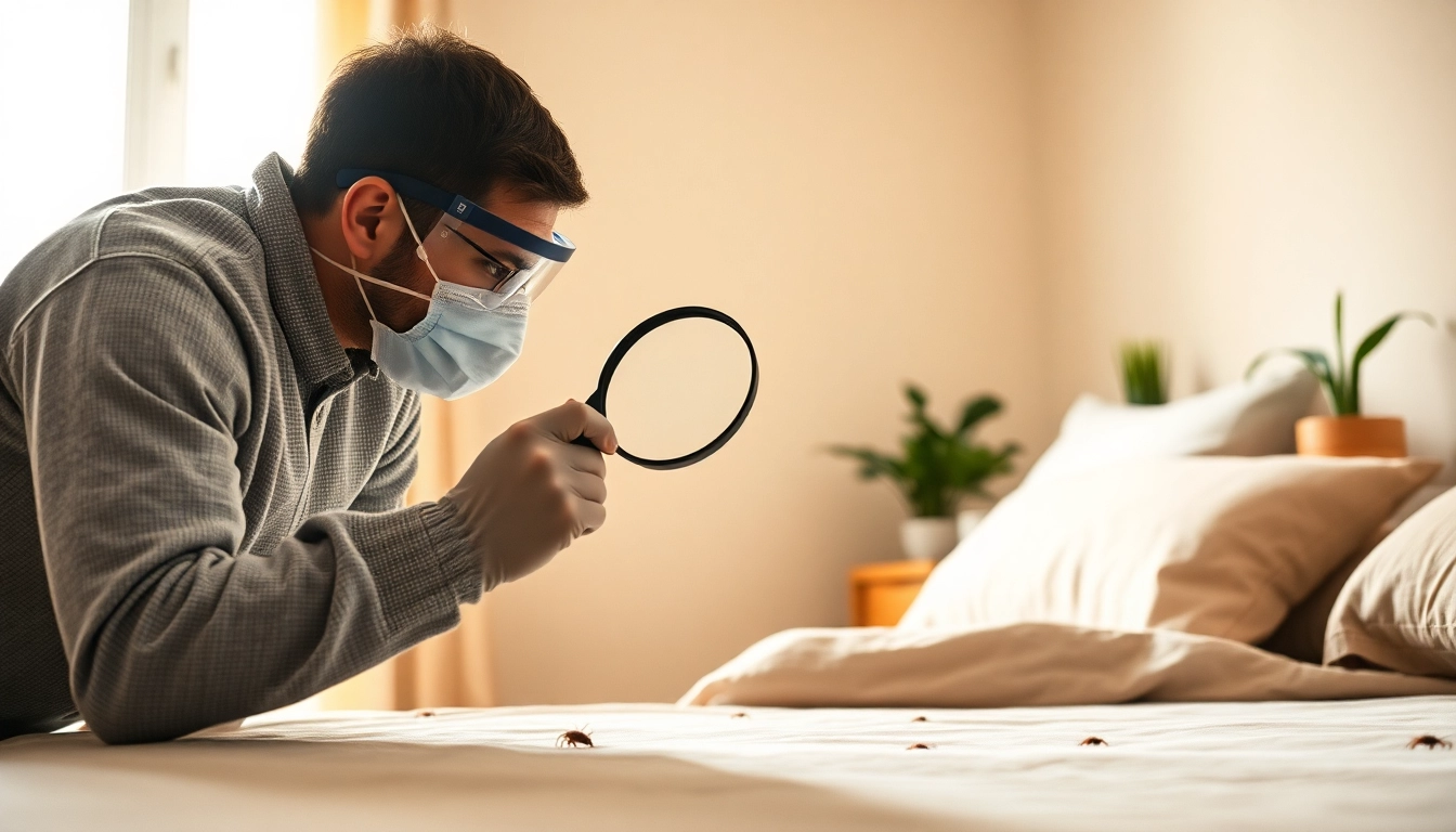 bed bug exterminator inspecting a bedroom for infestations