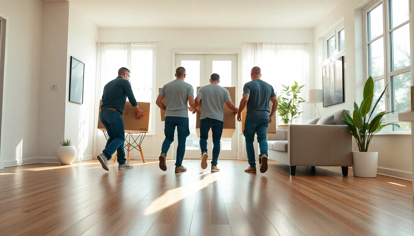 Movers providing furniture moving services in a bright, spacious living room.