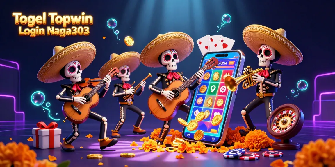 Togel Topwin Login Naga303 showcases a lively mariachi band and dynamic slot game elements in a festive scene.