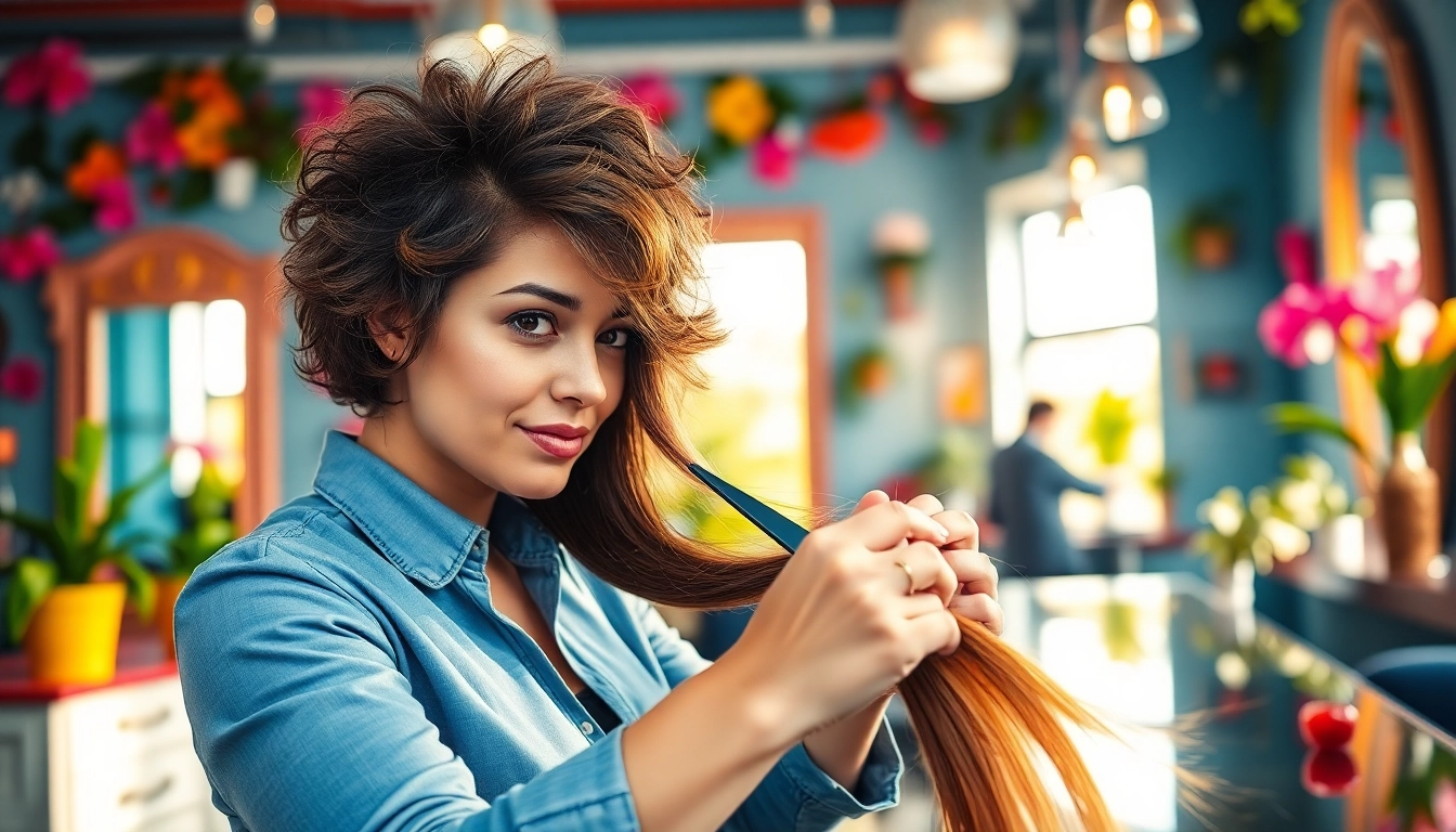 Professional hair stylist performing a stylish haircut in a bright salon environment.