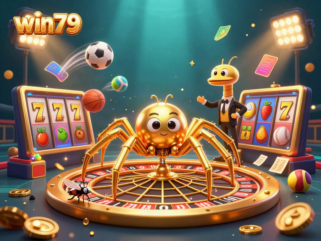 Win79 spin the roulette wheel as a golden spider, showcasing thrilling gaming elements.