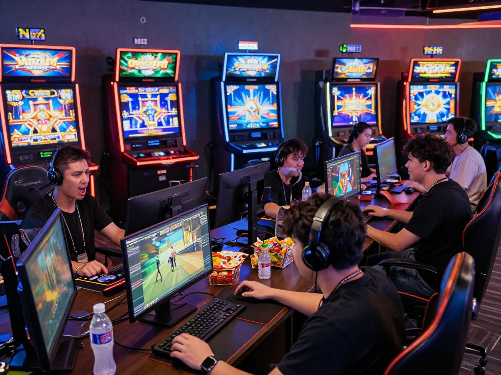 Pengguna bermain slot88 di lingkungan permainan yang ceria dan penuh cahaya.
