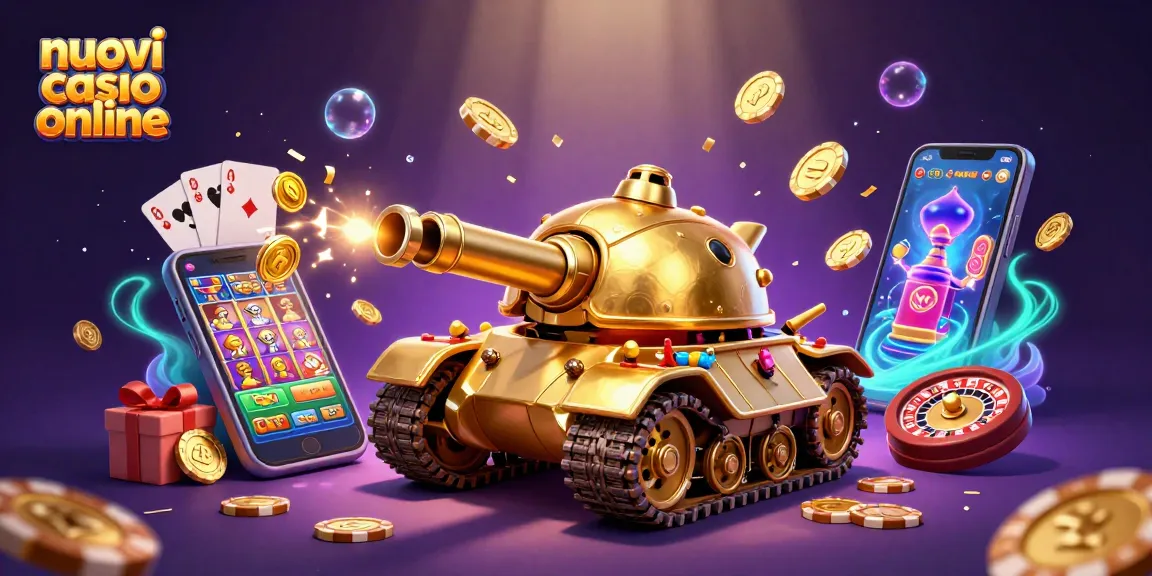 Gioca nei nuovi casino online con un emozionante tank dorato che rivela un casinò miniatura.