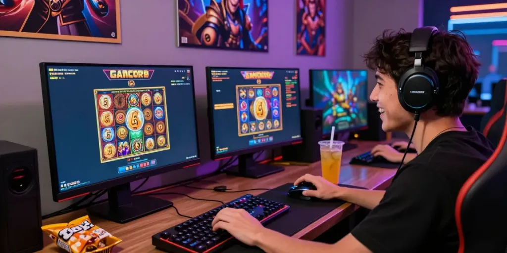 Excited player engaged in slot gacor game on desktop with gaming accessories.