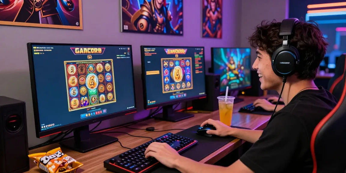 Excited player engaged in slot gacor game on desktop with gaming accessories.