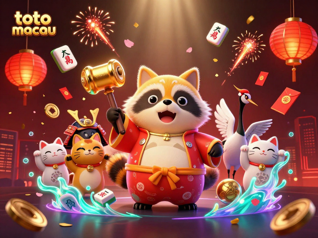 This vibrant scene captures a tanuki in traditional attire celebrating toto macau with lucky charms.