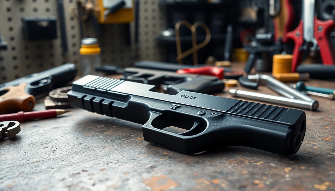 Explore glock 17 slides displaying intricate design and precision craftsmanship on a workbench.