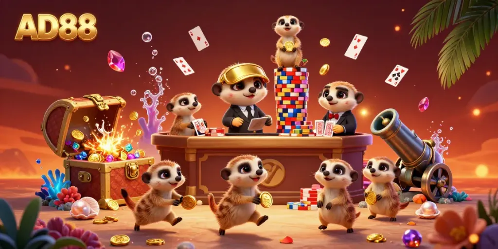 Experience winning at AD88 with meerkats in a vibrant casino, featuring card games and sparkling treasure.