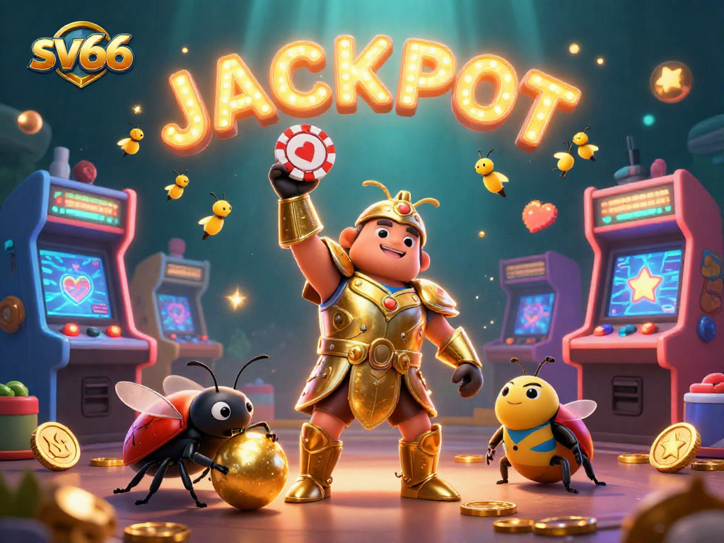 sv66 players celebrate with a vibrant illustration of a victorious beetle lifting poker chips amidst casino elements.