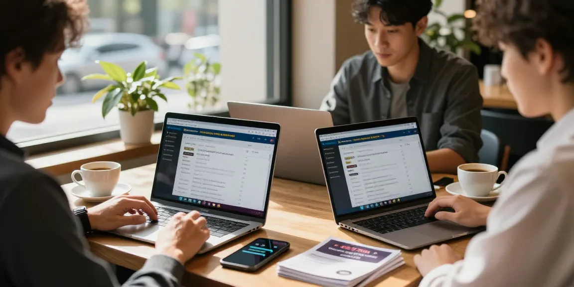Discussing 먹튀검증 at a café with laptops and verification details, highlighting gambling safety.