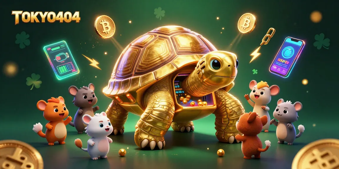 The TOKYO404 casino scene showcases a vibrant golden tortoise pinball machine, animated with lively crypto elements.