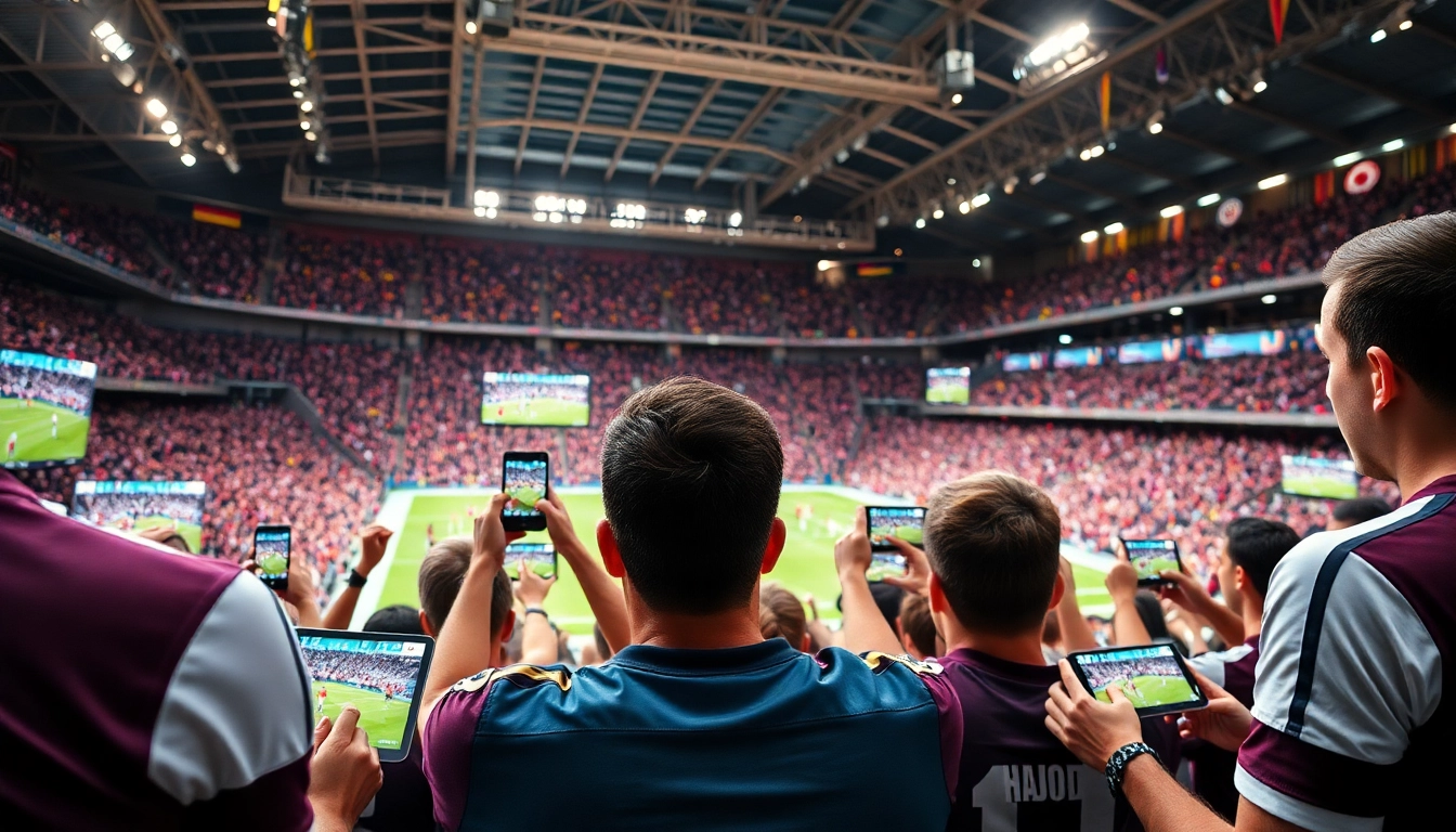 Menyaksikan link streaming bola gratis dengan antusias di perangkat dalam suasana stadion yang meriah.