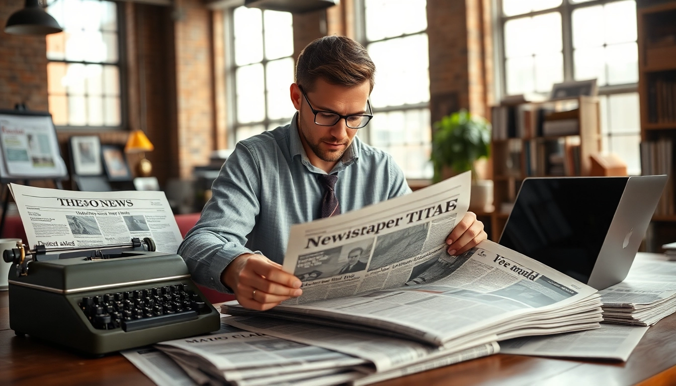 Engaging journalist reviews Newspaper Headlines in a bustling urban newsroom.
