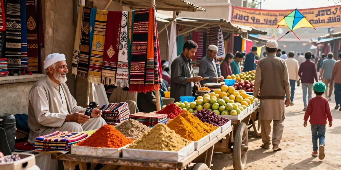 Engaging local marketplace scene in Dadu showcasing vibrant culture, traditional crafts, and lively interactions.