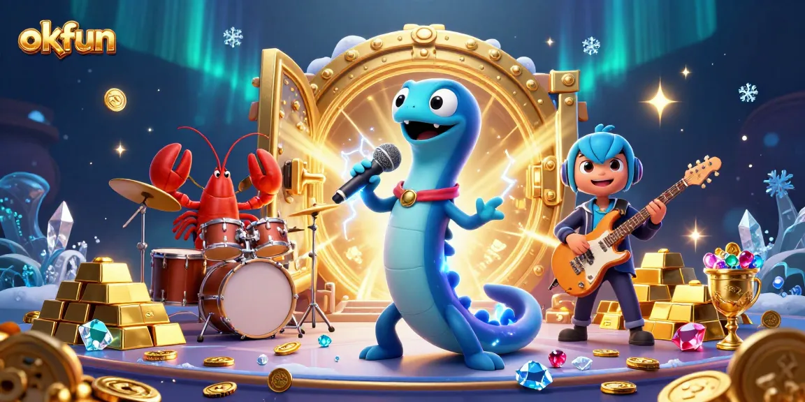 Bet on excitement at okfun with a vibrant scene of an electric eel DJ, lobster drummer, and seahorse guitarist.