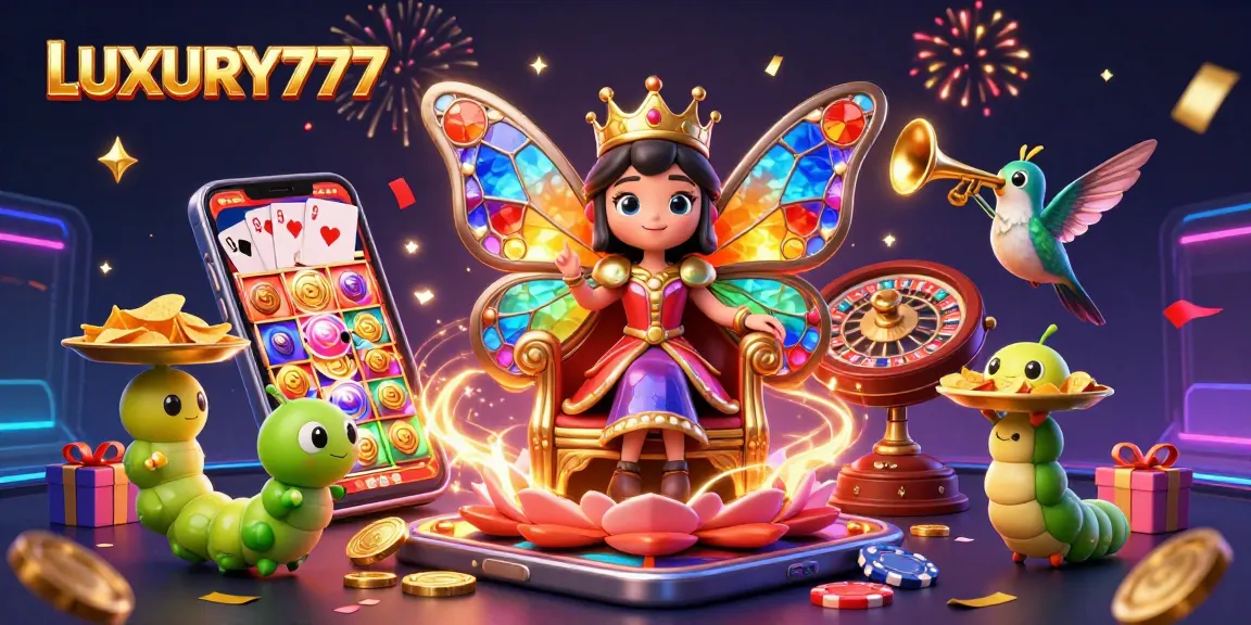LUXURY777 merayakan kemenangan di kasino online dengan karakter kartun dan elemen permainan yang berwarna-warni.