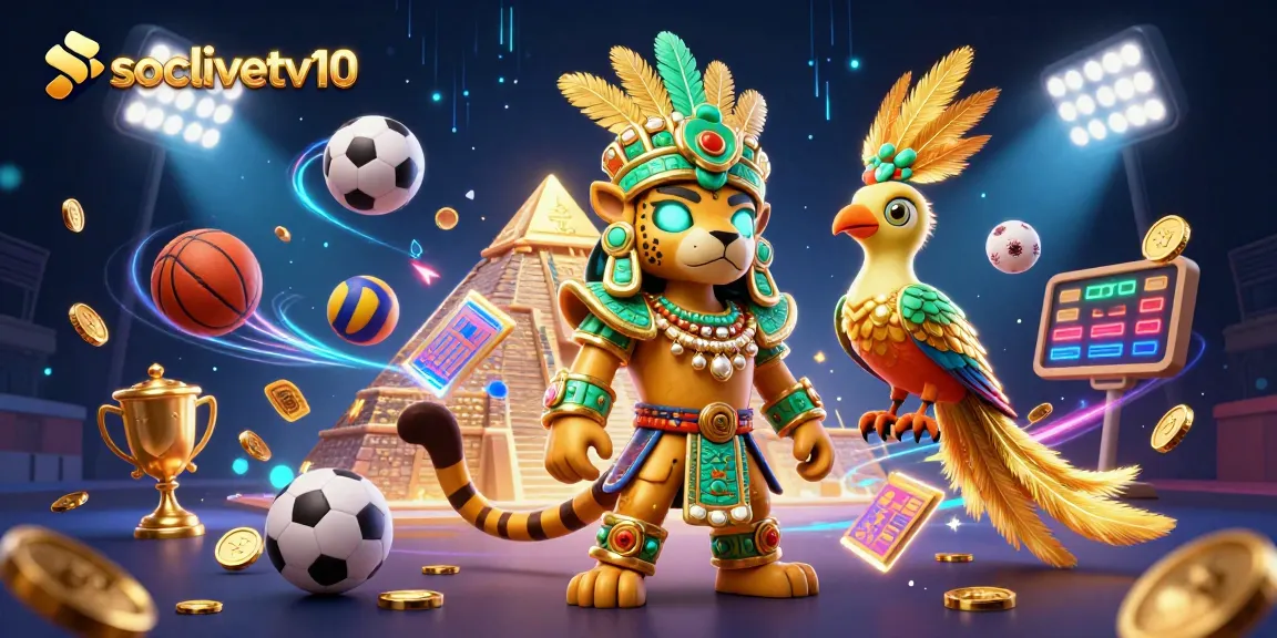 Socolivetv10 showcases an exciting betting scene with Mayan characters and sports elements.